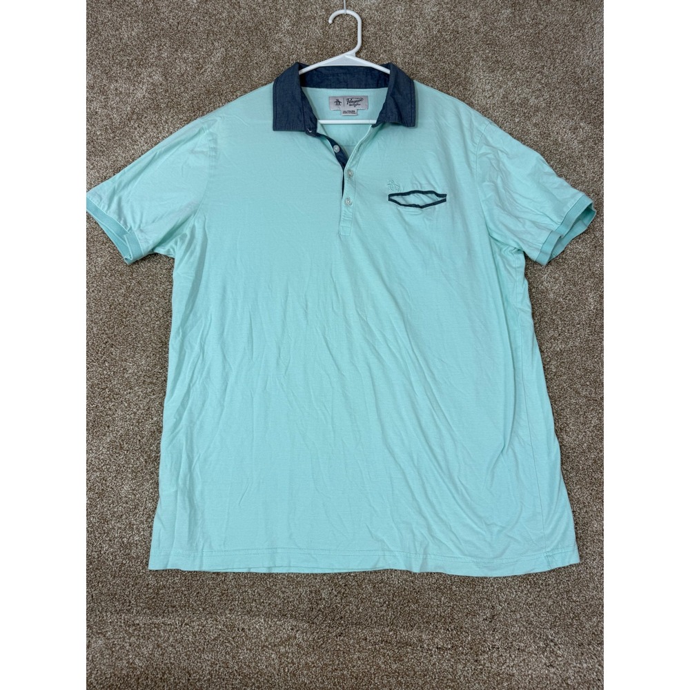 Original Penguin Mens XL Mint Green Polo Shirt Navy Chambray